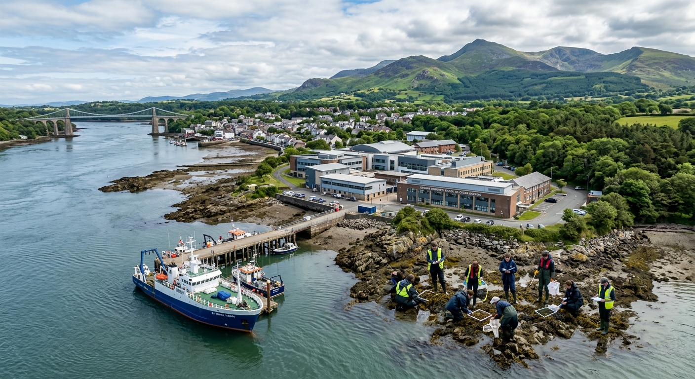 Aerial view of Bangor University School of Ocean Sciences on the Menai Strait coastline in North Wales, with research vessels docked at the pier, lush green mountains of Snowdonia in the background, and students conducting fieldwork along the rocky shore