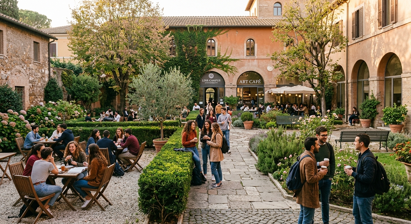 Link Campus University courtyard and garden area with students socializing, stone pathways, green hedges, Art Cafe visible in background, warm Italian afternoon light
