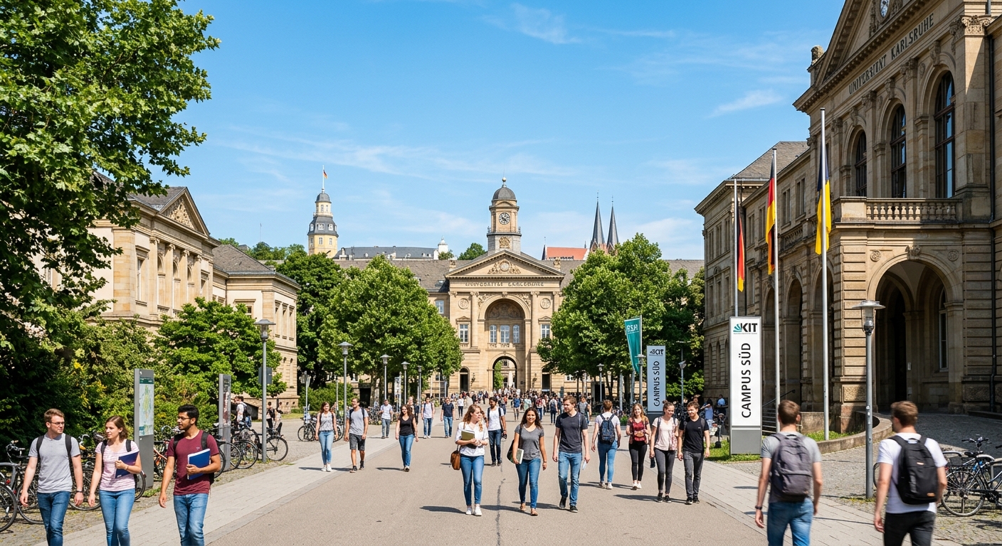 KIT Campus South main entrance with classical stone buildings, tree-lined avenue, students walking between lecture halls, clear blue sky over Karlsruhe city center