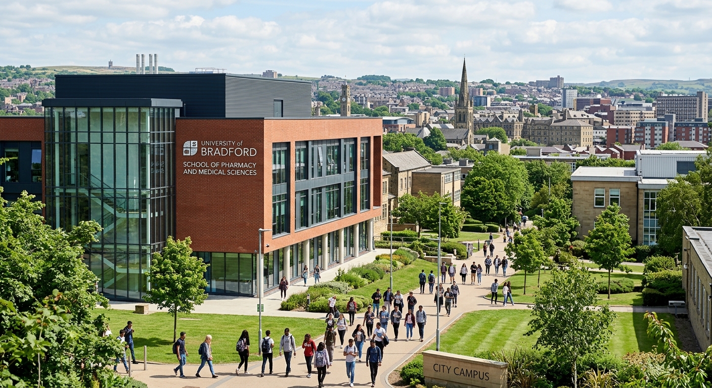 University of Bradford pharmacy school building with modern architecture, green campus grounds, students walking between buildings, West Yorkshire cityscape in background, bright daylight