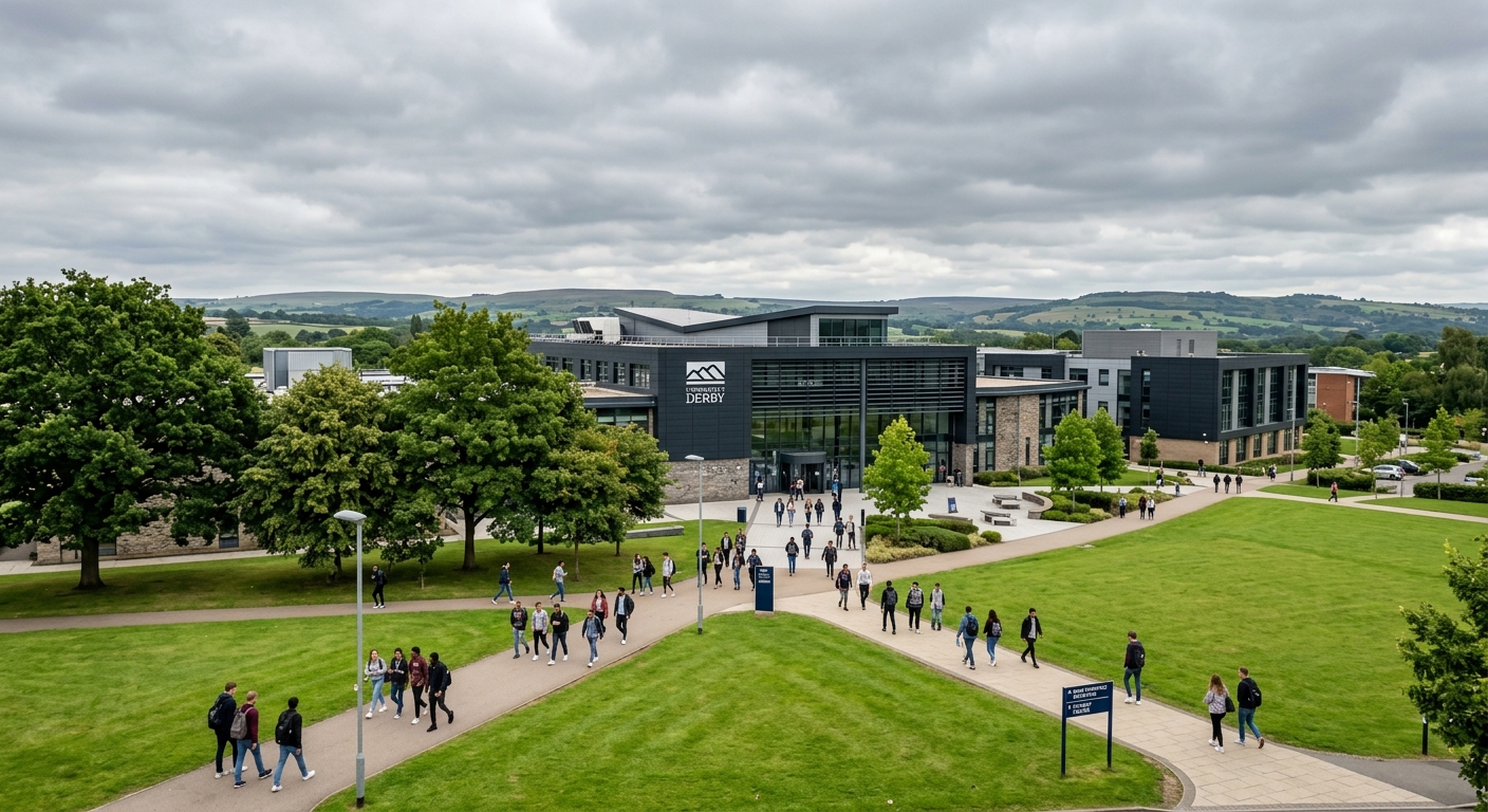 University of Derby Kedleston Road campus wide shot, modern university buildings with green lawns, students walking along pathways, English East Midlands setting, overcast sky typical of England