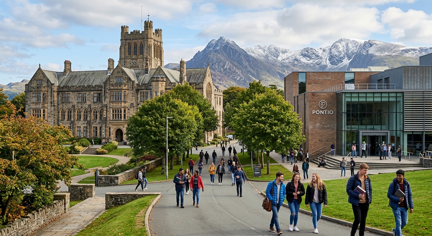 Historic Bangor University campus with stone buildings set against the backdrop of Snowdonia mountains in North Wales, students walking along tree-lined pathways near the Pontio Arts Centre