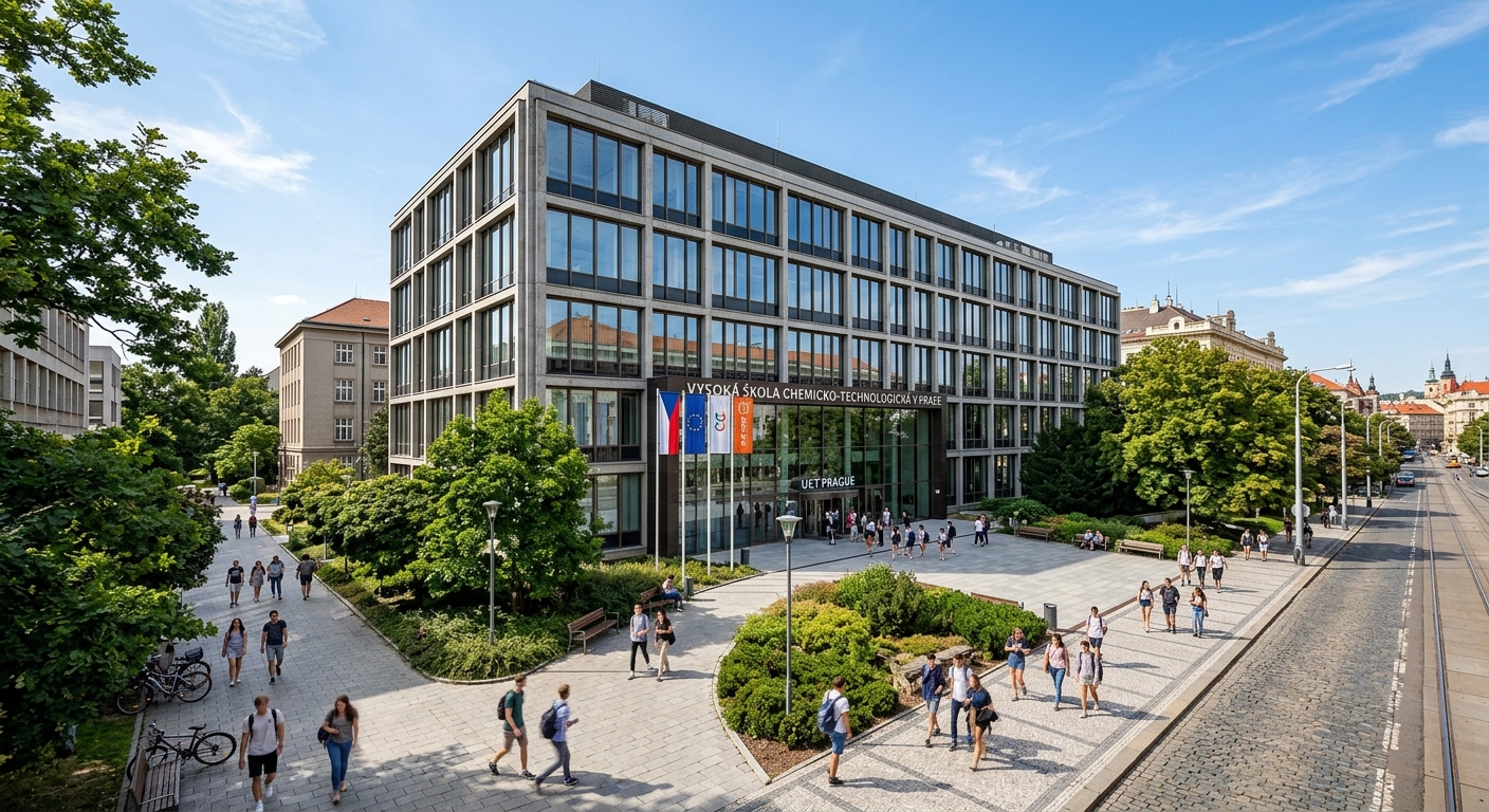 UCT Prague main building exterior in Dejvice, modern university architecture with large windows, students walking on campus paths, green trees lining the entrance, sunny day in Prague