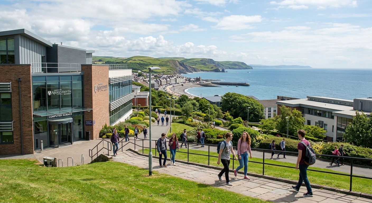 Aberystwyth University Penglais campus overlooking Cardigan Bay and the Welsh coastline, modern computer science building with students walking on campus paths, green hills and sea in the background, bright daylight