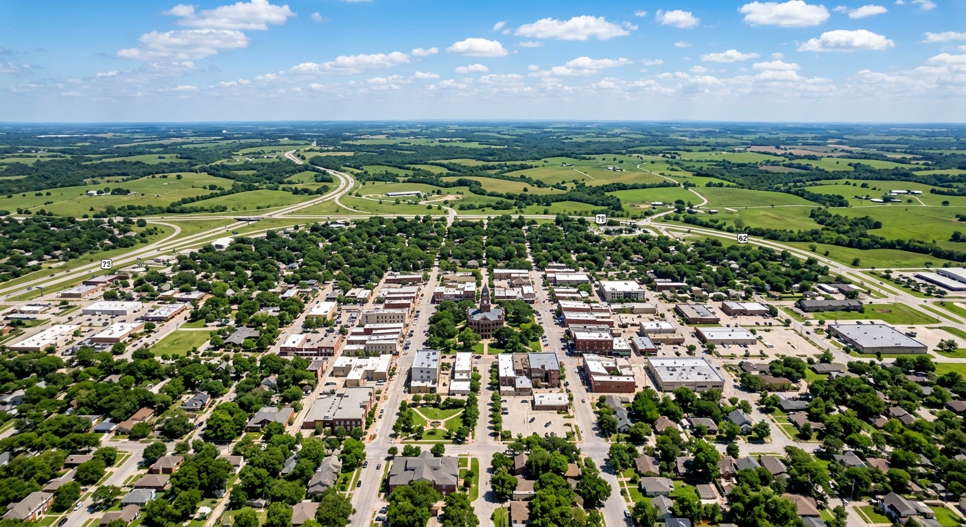 Aerial view of Sherman Texas showing small city downtown area with tree-lined streets, North Texas landscape, rolling green terrain with blue sky