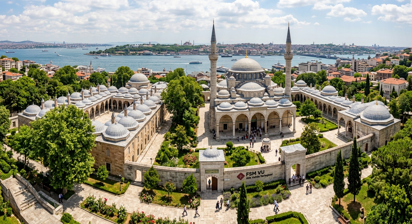 FSMVU Uskudar Atik Valide Campus, beautifully restored Ottoman kulliye complex designed by Mimar Sinan, historic domed buildings surrounded by gardens, Asian side of Istanbul