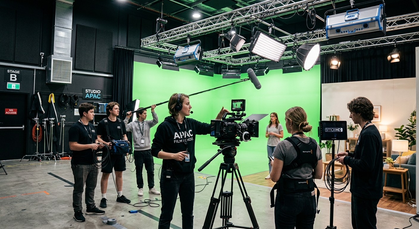 APAC Brisbane film studio interior, professional lighting rigs, camera equipment, green screen, students filming a scene, modern production space