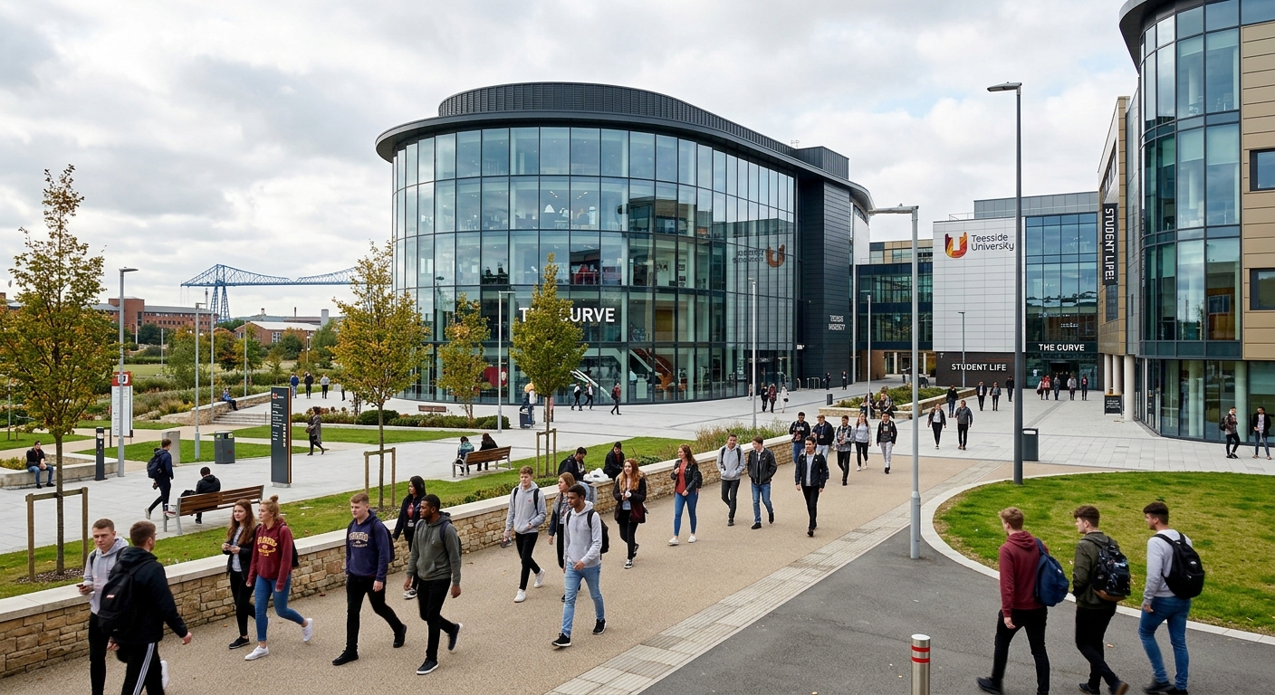 Modern Teesside University campus in Middlesbrough, England, with contemporary glass and steel buildings, students walking through a landscaped town-centre plaza, bright overcast sky typical of North East England