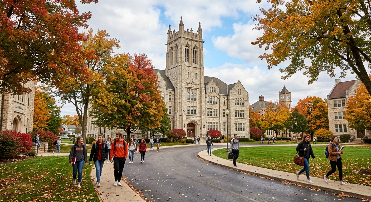 Carroll University campus in Waukesha Wisconsin, historic limestone buildings surrounded by green lawns and mature trees, students walking along pathways near academic halls, suburban setting with autumn foliage
