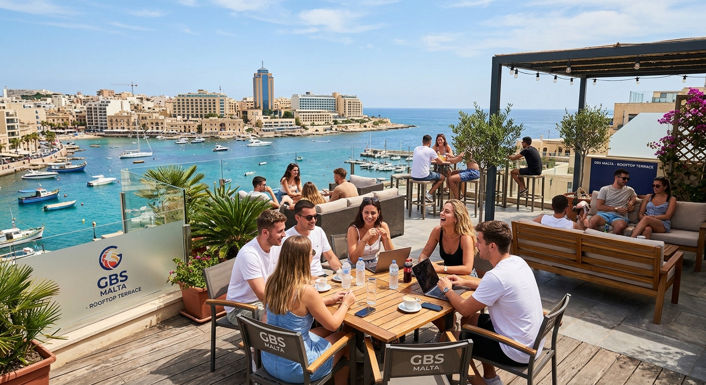 GBS Malta rooftop terrace with panoramic views of St Julian's bay, students socialising under Mediterranean sunshine, outdoor seating areas