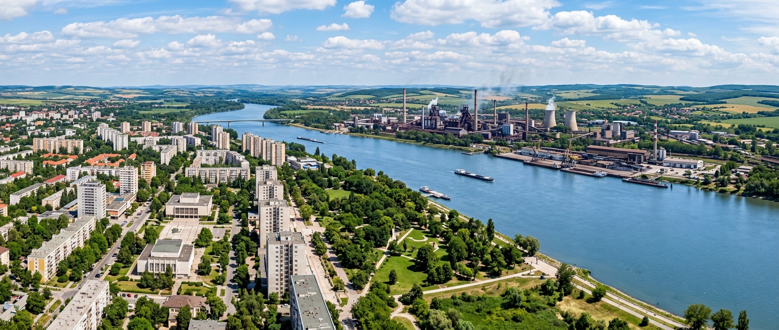 Panoramic view of Dunaújváros city along the Danube River, modernist architecture, green parks, industrial heritage skyline, blue Danube water, Hungarian countryside in background