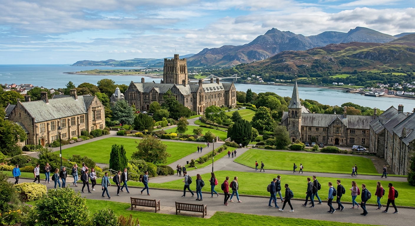 Bangor University campus with historic stone buildings nestled between Snowdonia mountains and the Menai Strait, North Wales coastline visible in the background, students walking across green lawns