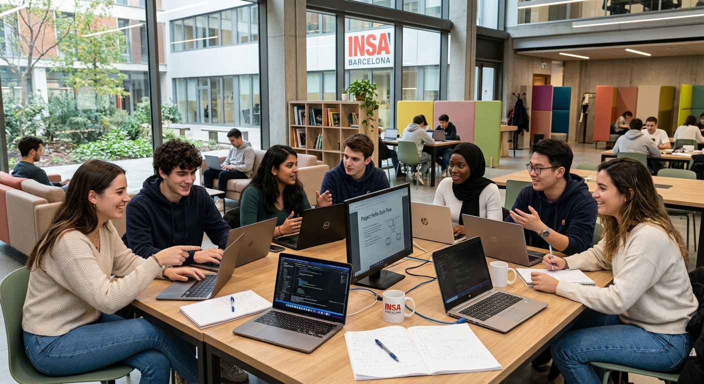 Students collaborating in INSA Barcelona common area, diverse international group working on laptops, modern furniture, open plan study space
