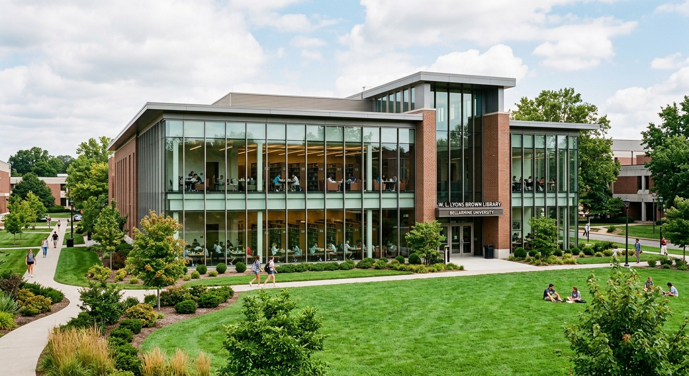 W. L. Lyons Brown Library at Bellarmine University, modern academic library building with large windows, students studying inside, green lawn in foreground