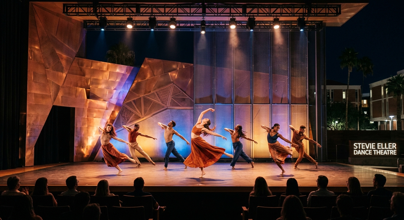 Dancers performing on stage at the Stevie Eller Dance Theatre, University of Arizona campus in Tucson, dramatic stage lighting, modern dance performance with graceful movement, desert-inspired architectural backdrop