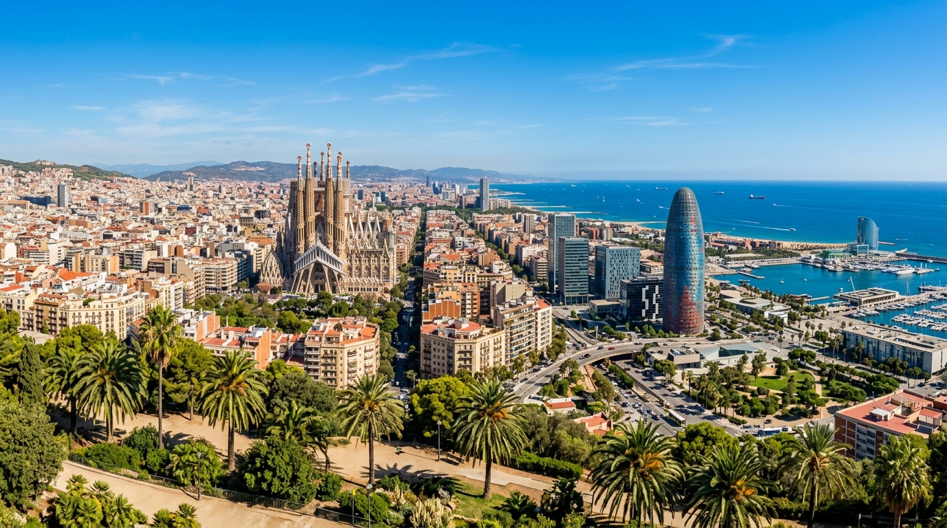 Barcelona skyline panorama, Mediterranean Sea in background, Sagrada Familia visible, modern business district, palm trees, clear blue sky, vibrant urban landscape