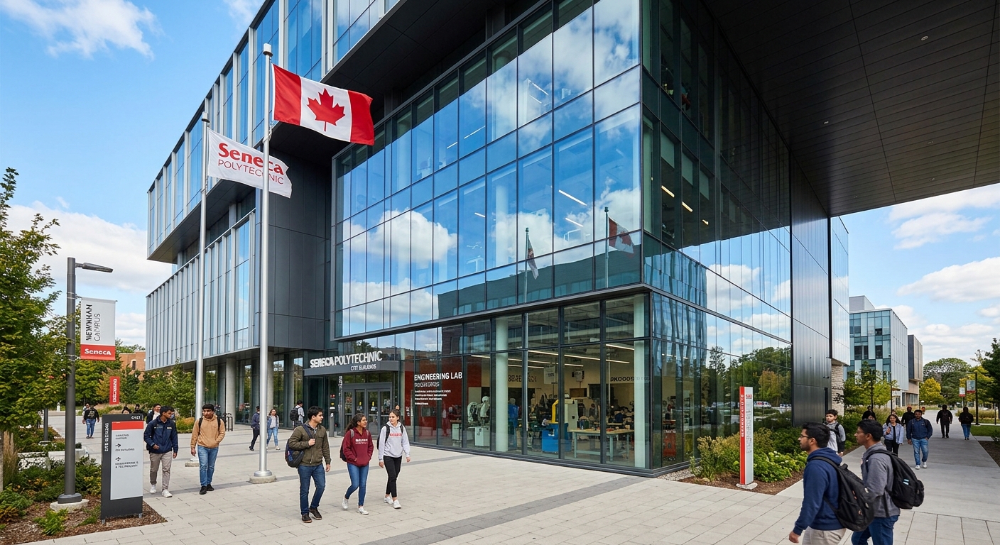 Modern polytechnic campus building at Seneca Polytechnic Newnham Campus in Toronto, students walking near engineering labs, glass facade reflecting blue sky, Canadian flag visible