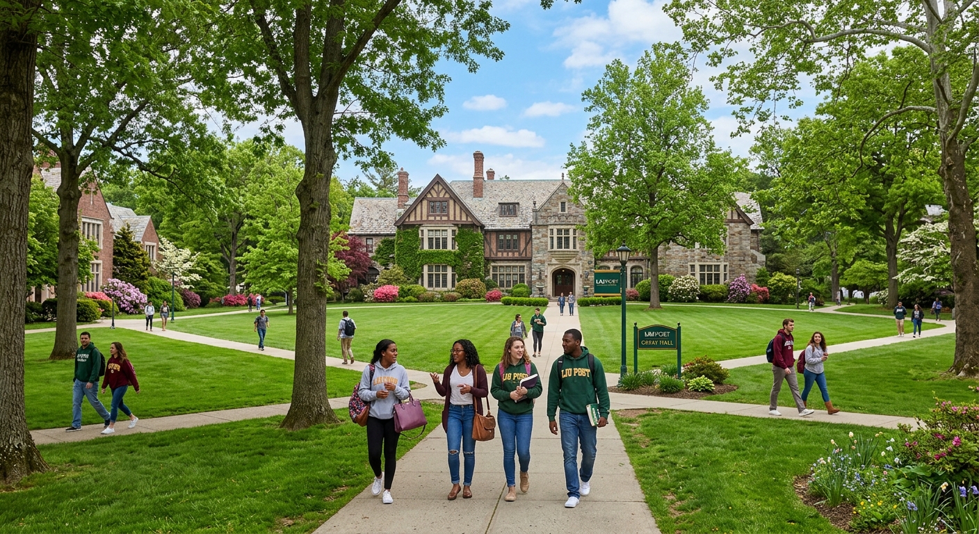 Long Island University Post campus with historic buildings surrounded by lush green lawns, tree-lined pathways, and students walking across the Gold Coast campus in Brookville, New York