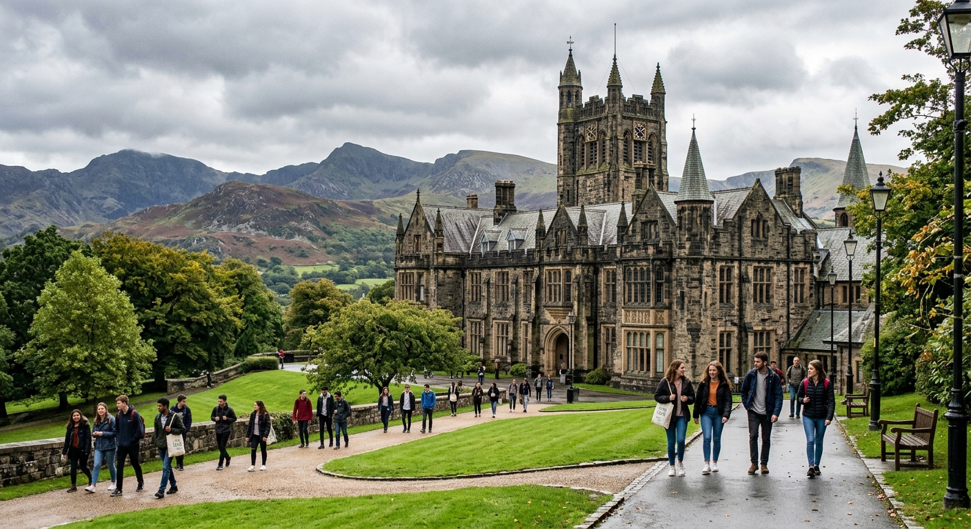 Historic Bangor University main arts building with Gothic architecture, green lawns in foreground, Snowdonia mountains visible in background, students walking along pathways under overcast Welsh sky