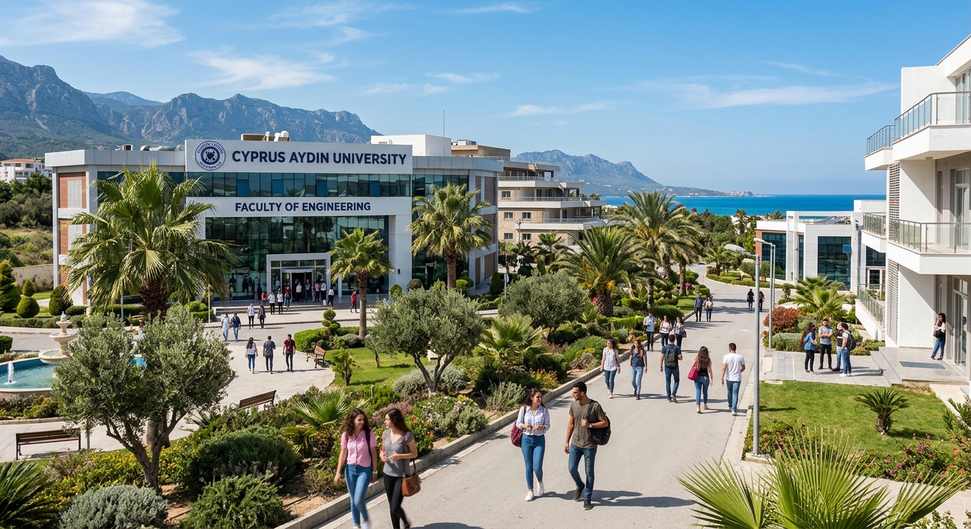 Modern engineering campus building of Cyprus Aydin University in Kyrenia, Northern Cyprus, with Mediterranean landscape, palm trees, and students walking between faculty buildings under clear blue sky