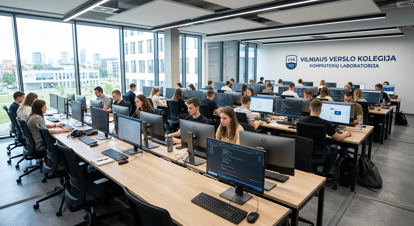 Vilnius Business College computer lab interior, rows of modern workstations, students working on computers, bright lighting and clean design