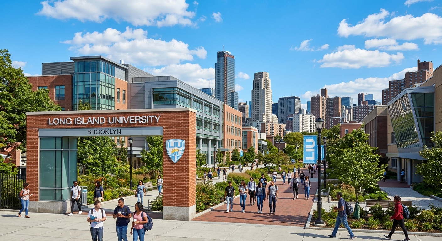 Long Island University Brooklyn campus entrance with modern academic buildings, urban Brooklyn skyline in the background, students walking on campus pathways, sunny day with blue sky