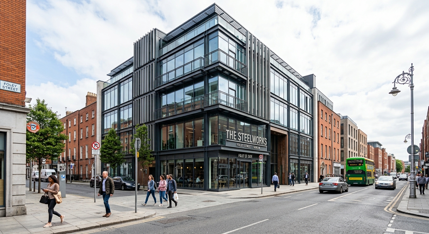 The Steelworks building exterior on Foley Street Dublin, modern glass and steel five-storey commercial building, bright daylight, urban Dublin streetscape with pedestrians