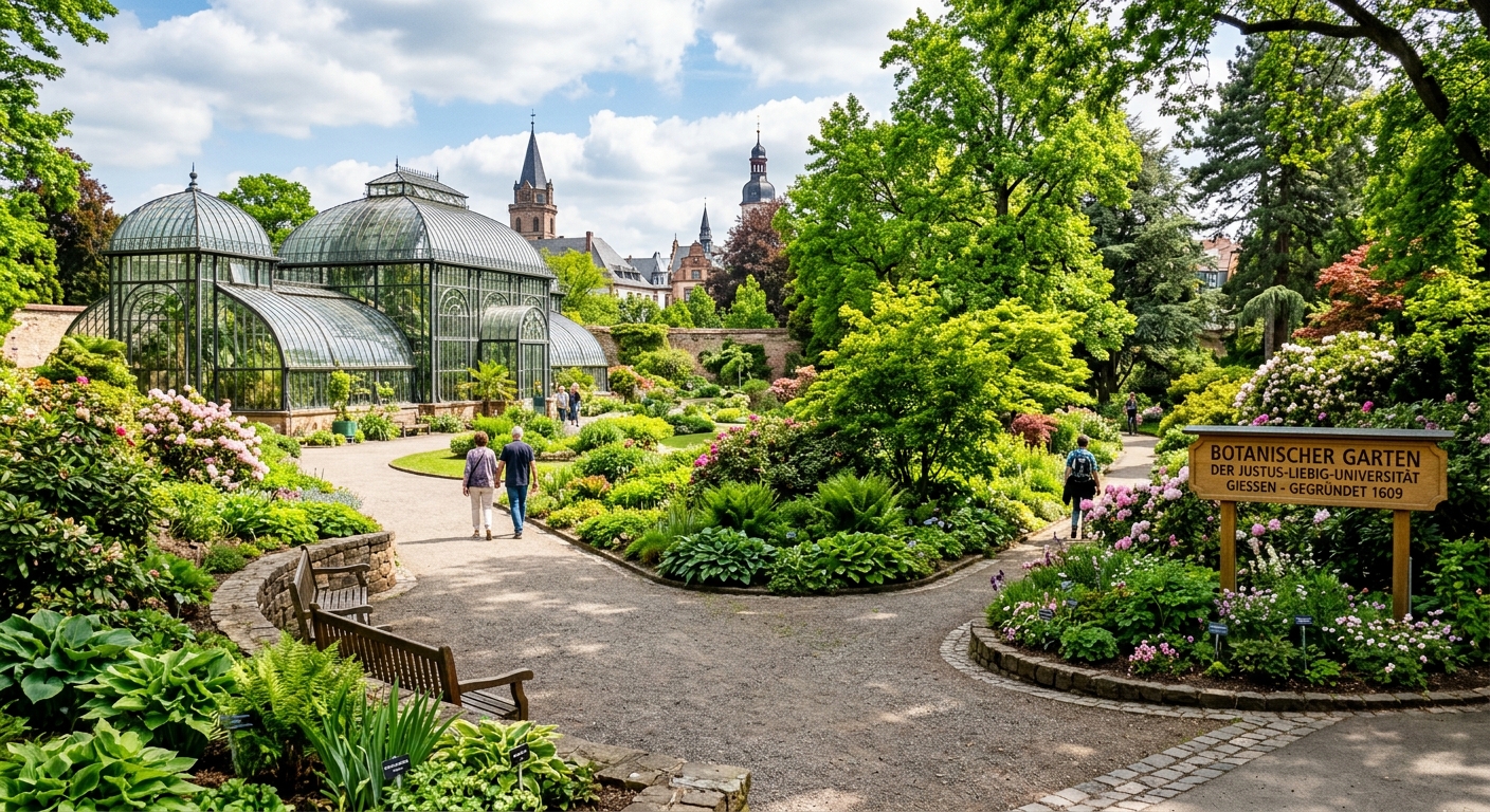 Botanical Garden of Justus Liebig University Giessen with lush green plants, greenhouse structures, and walking paths, established in 1609