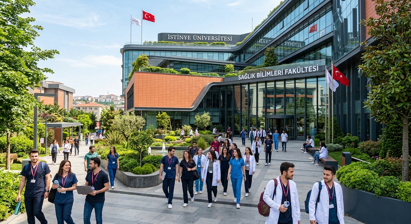 Modern Istinye University campus building in Istanbul with health sciences students walking through a bright courtyard, Turkish flag visible, contemporary architecture with glass facades and green landscaping