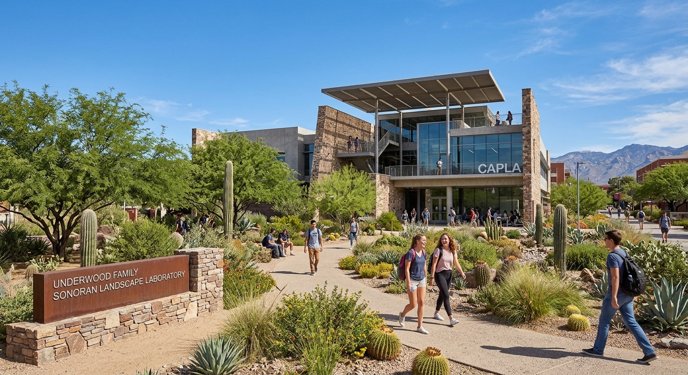 University of Arizona CAPLA building with desert landscaping, students walking through the Underwood Family Sonoran Landscape Laboratory surrounded by native plants and arid-climate vegetation under clear blue Arizona sky