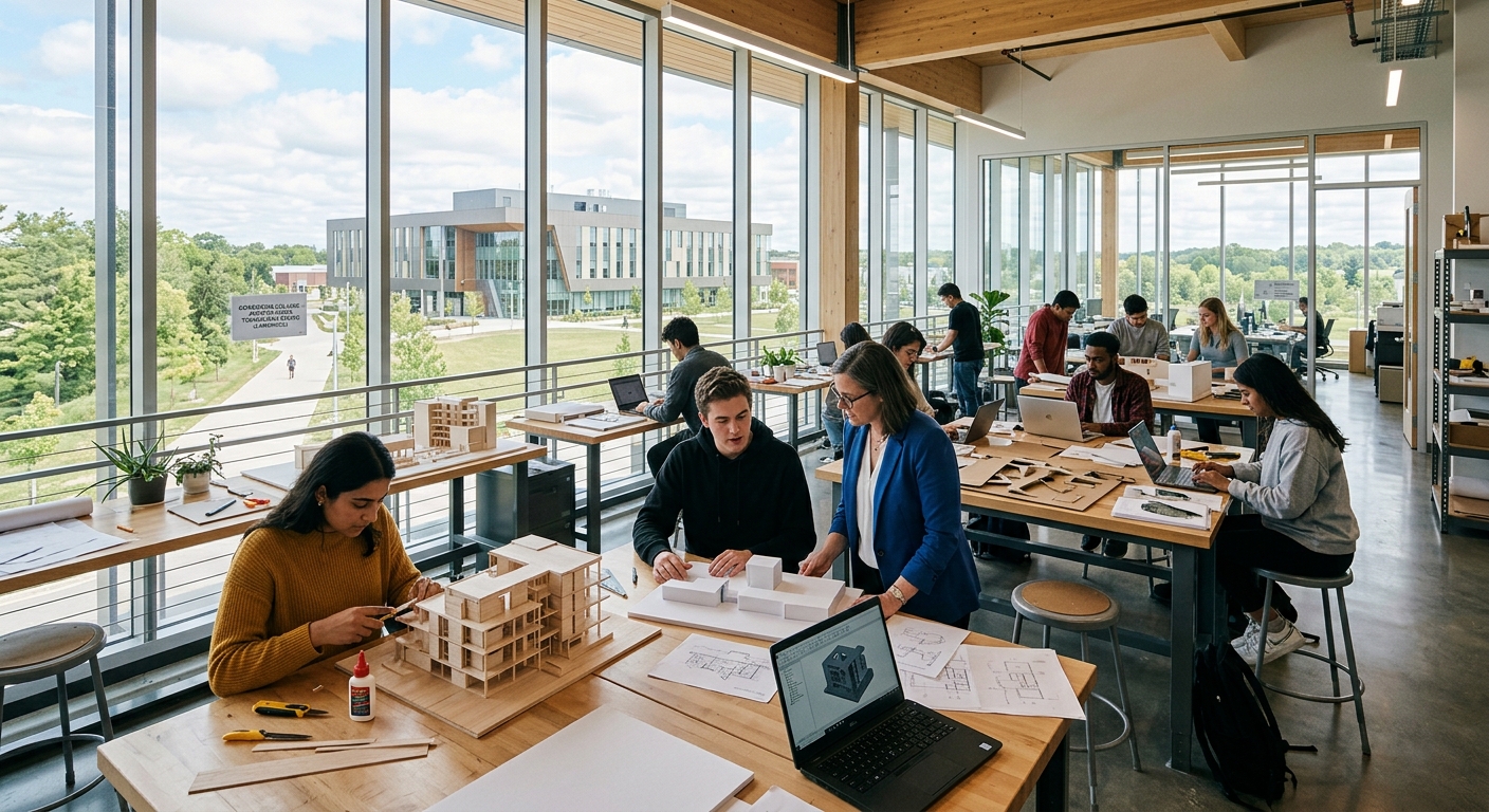 Modern college campus building at Conestoga College Cambridge campus, architectural design studio with students working on building models, natural light streaming through large windows, contemporary Canadian educational facility