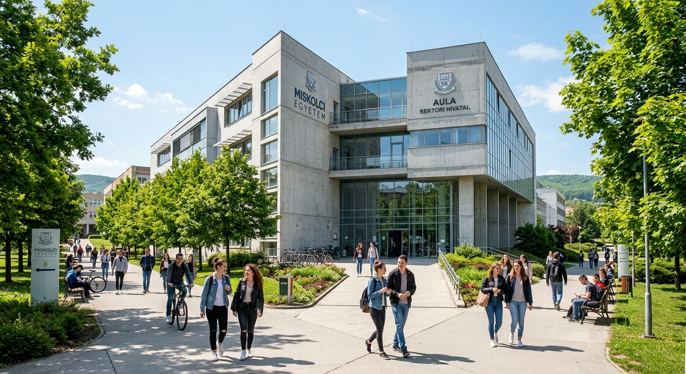 University of Miskolc main academic building, modern concrete and glass facade, students walking on tree-lined pathways, sunny day