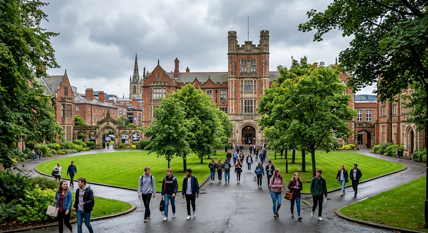 Newcastle University historic campus buildings with the iconic Armstrong Building and green quadrangle, students walking along tree-lined paths in Newcastle upon Tyne city centre, overcast English sky