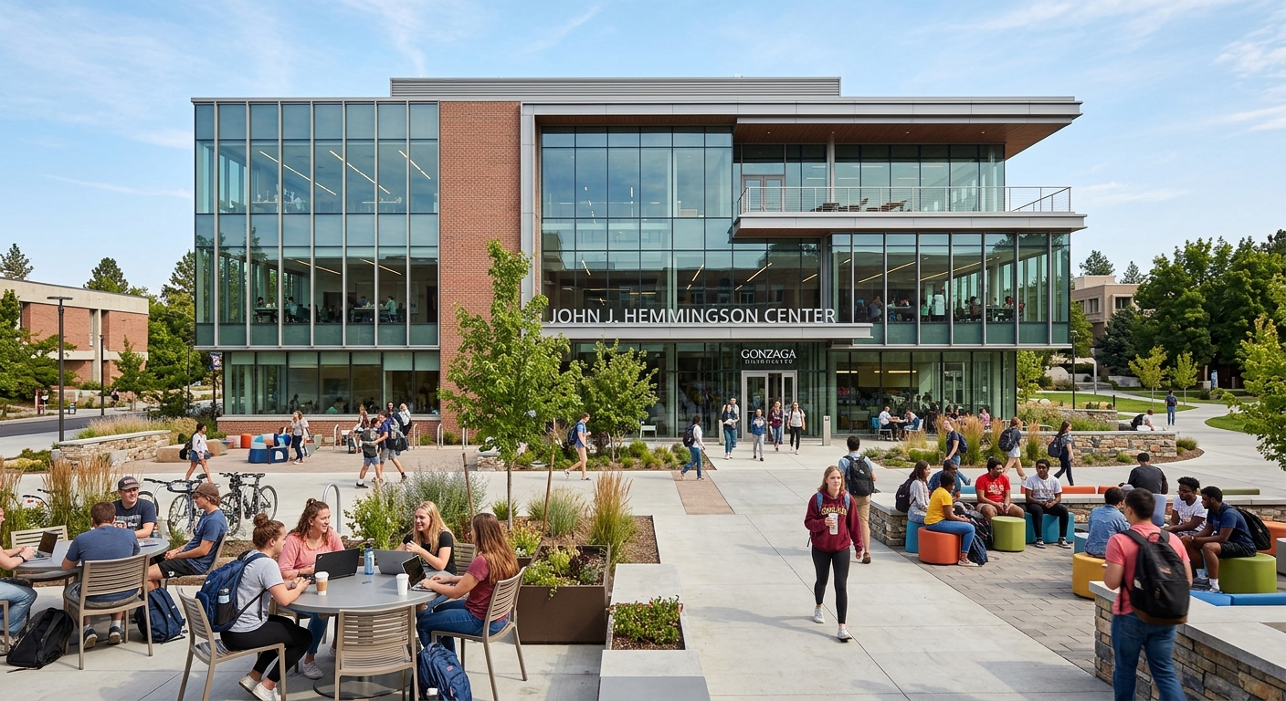 John J. Hemmingson Center at Gonzaga University, modern student center building with glass facade, outdoor seating areas, students gathering