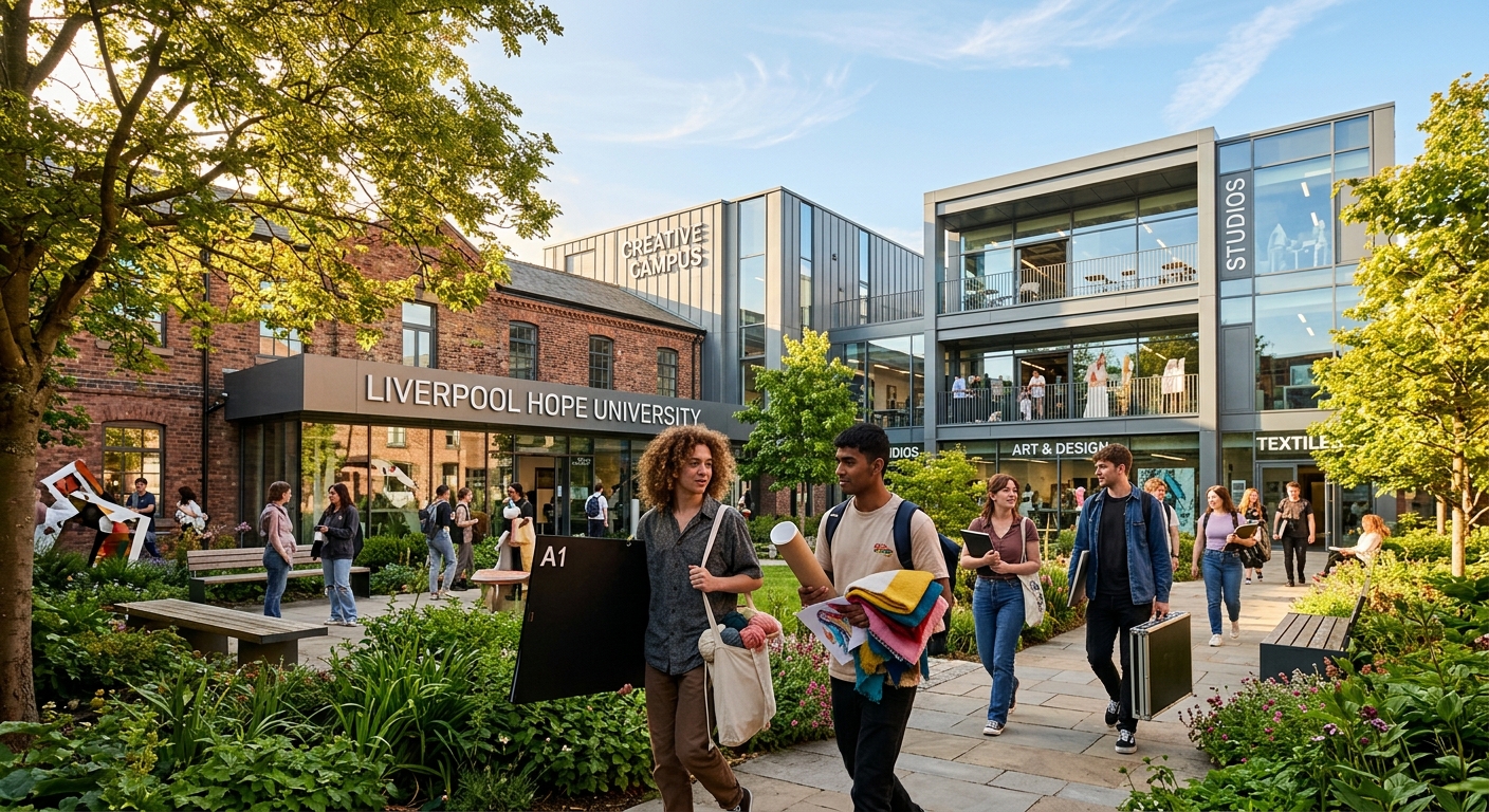Liverpool Hope University Creative Campus exterior with modern studio buildings, students walking through a leafy courtyard carrying art portfolios and textile materials, warm afternoon light