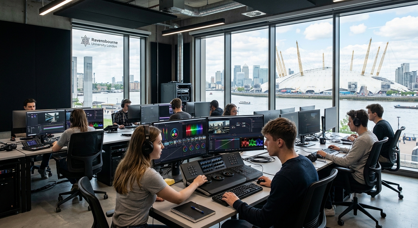 Modern post-production editing suite at Ravensbourne University London with multiple monitors displaying colour grading software, students working at professional editing workstations, Greenwich Peninsula campus visible through large windows with the O2 Arena in the background