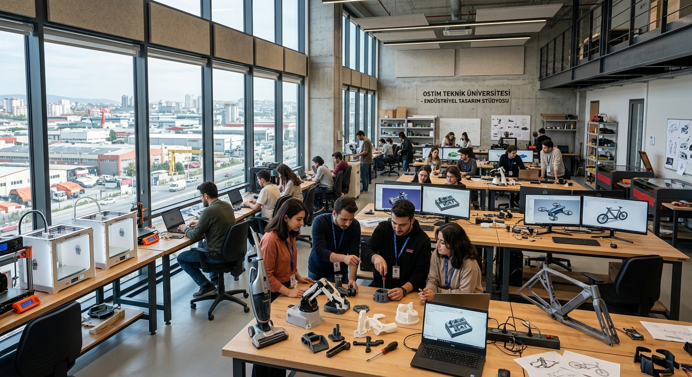 Modern industrial design studio at OSTIM Technical University in Ankara, Turkey, with students working on product prototypes, 3D models on desks, large windows overlooking the OSTIM industrial zone, contemporary architecture