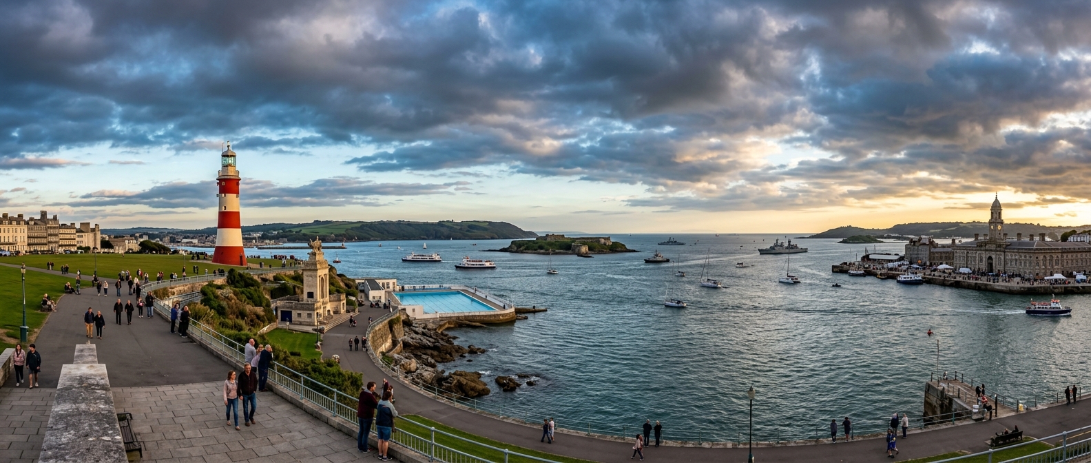 Panoramic view of Plymouth Hoe with Smeaton's Tower lighthouse, the wide expanse of Plymouth Sound, Drake's Island, and the Royal William Yard in the distance under dramatic English coastal skies