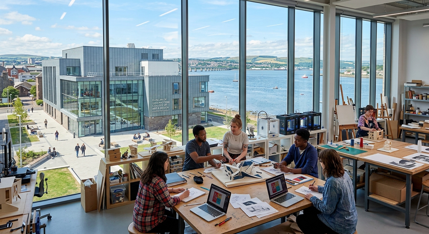 Duncan of Jordanstone College of Art and Design building at the University of Dundee, Scotland, with modern creative studios, students collaborating on design projects, and views of the River Tay in the background