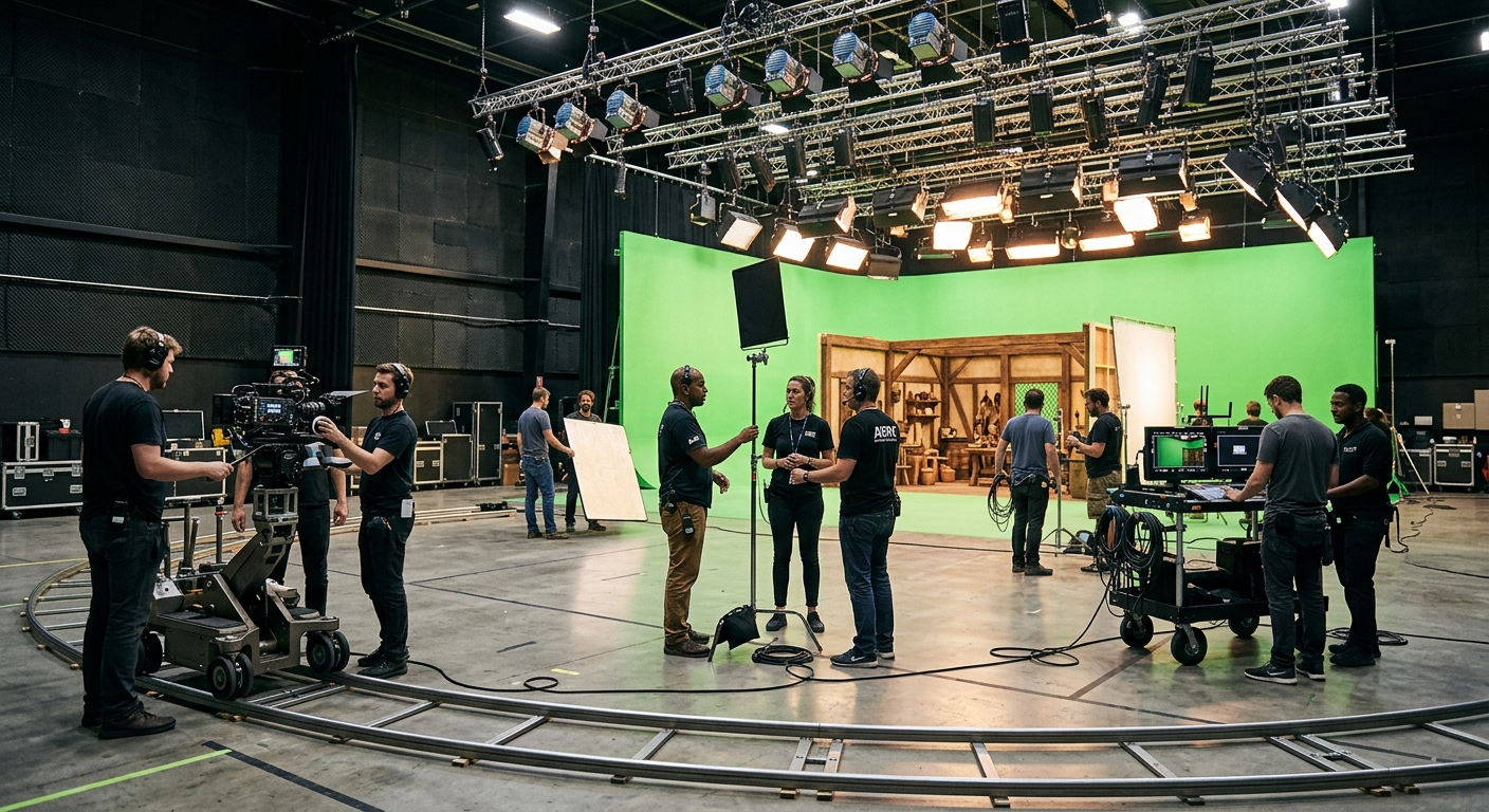 Professional film sound stage interior with lighting rigs, camera equipment on tracks, green screen setup, and production crew preparing a scene