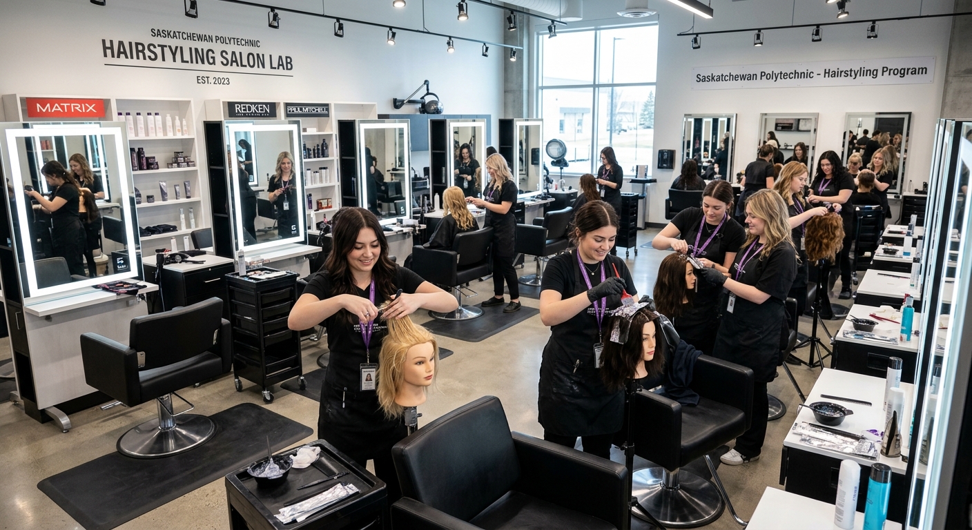 Modern hairstyling salon classroom at Saskatchewan Polytechnic with students practicing cutting and colouring techniques on mannequin heads, professional salon chairs and mirrors, bright well-lit training environment