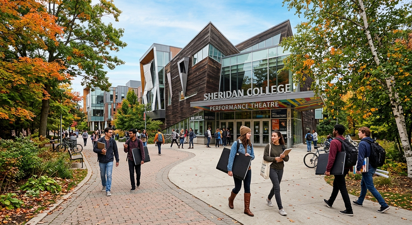 Sheridan College Trafalgar Campus Oakville, artistic campus buildings surrounded by trees, performance theatre entrance, students carrying art portfolios