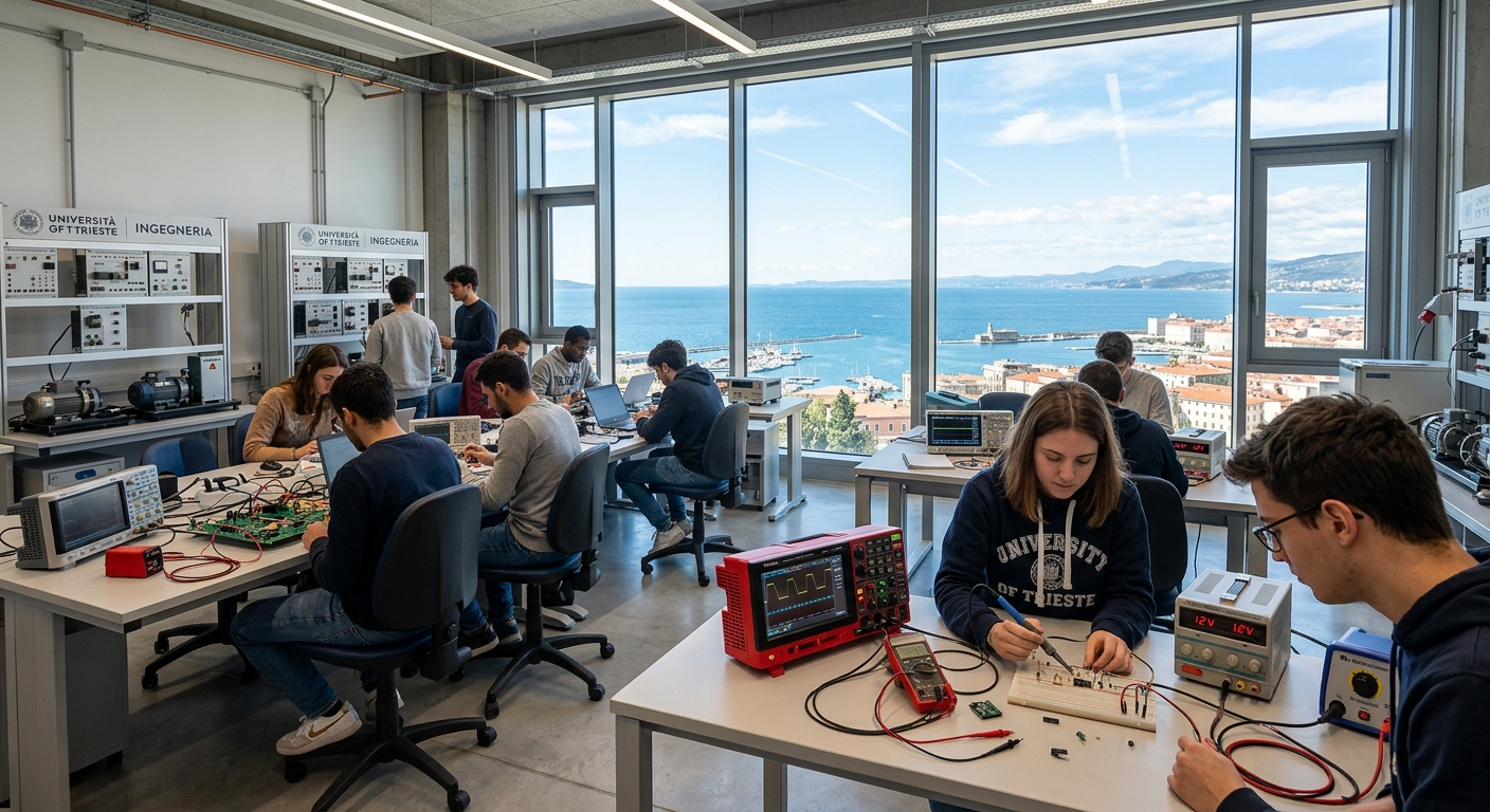 Modern engineering laboratory at University of Trieste with electrical power systems equipment, oscilloscopes, and students working on circuit boards, overlooking the Adriatic Sea through large windows, bright natural lighting