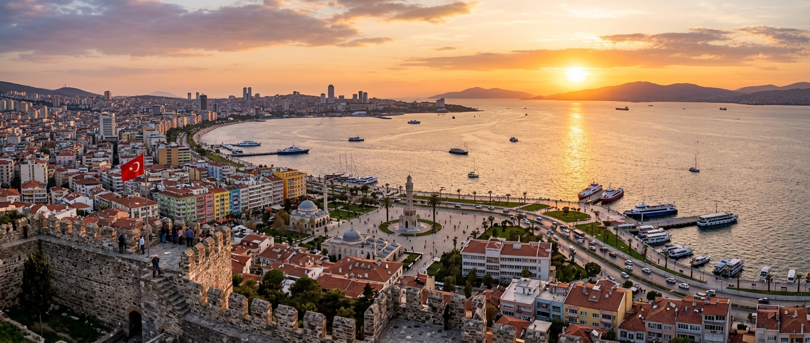 Panoramic view of İzmir city skyline from Kadifekale, Aegean Sea coastline, Konak Square clock tower visible, colorful buildings along the waterfront, sunset golden hour