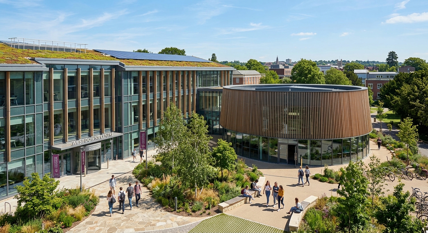 University of Winchester West Downs Centre, modern sustainable building with glass facade, 250-seat drum-shaped auditorium, landscaped courtyard, students walking on pathways, clear day