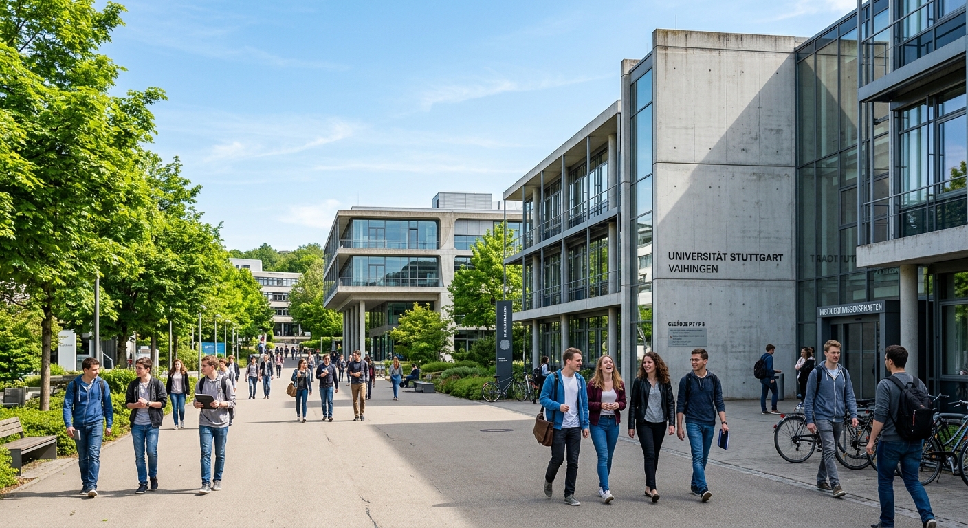 University of Stuttgart Vaihingen campus, modern concrete and glass engineering buildings, tree-lined pathways, students walking between lecture halls, sunny day