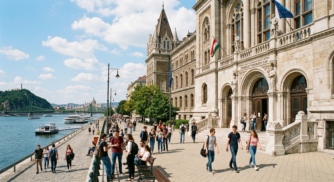 Historic Budapest University of Technology and Economics campus building along the Danube river, with the Faculty of Natural Sciences entrance, students walking on a sunny day, Budapest cityscape in the background