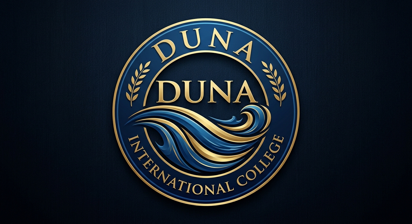 Duna International College official logo, featuring the college name in blue and gold lettering with a stylized Danube river motif