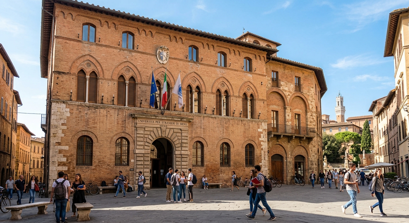 University for Foreigners of Siena historic building facade on Piazza Carlo Rosselli, warm terracotta walls, arched windows, medieval Tuscan architecture, students walking in the piazza, blue sky