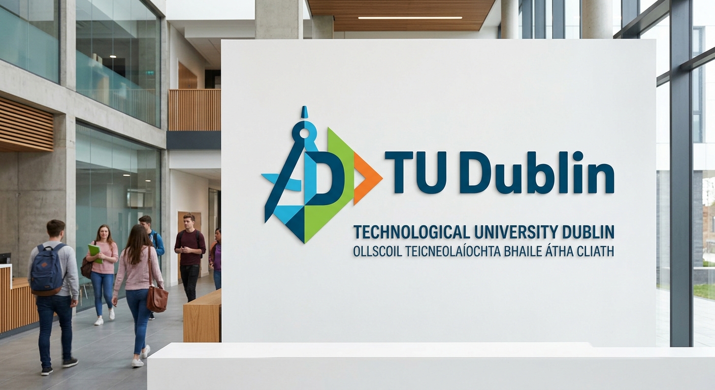 Technological University Dublin TU Dublin official logo, dark blue text with geometric design element